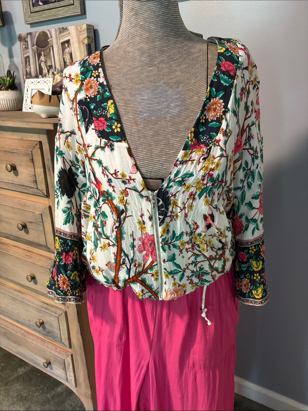 Zara Basic Collection Floral Print Lined Zip Closure Kimino Sleeve Jacket
